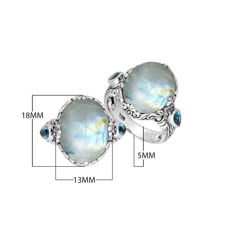 Sterling Silver Rainbow Moonstone Oval Shape Ring With Balinese Engraved Band