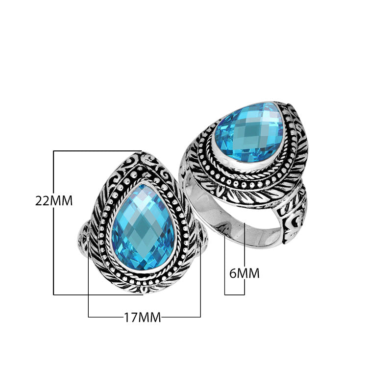 Sterling Silver Blue Topaz Quartz Pear Shape Ring With Balinese Engraved Band