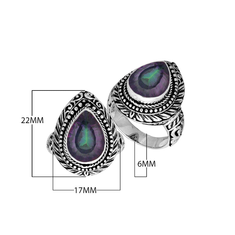 Sterling Silver Pear Shape Mystic Quartz Ring With Traditional Balinese Engraving
