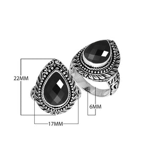 Sterling Silver Pear Shape Black Onyx Ring With Traditional Balinese Carving