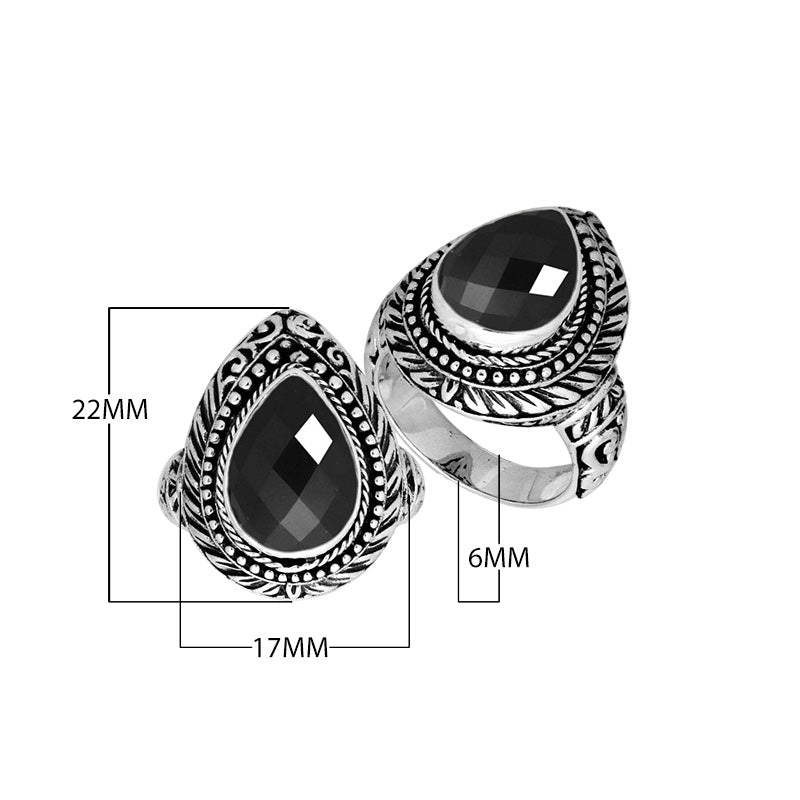 Sterling Silver Pear Shape Black Onyx Ring With Traditional Balinese Carving