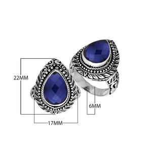 Sterling Silver Pear Shape Blue Sapphire Quartz Ring With Traditional Balinese Carving
