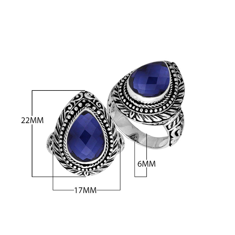 Sterling Silver Pear Shape Blue Sapphire Quartz Ring With Traditional Balinese Carving