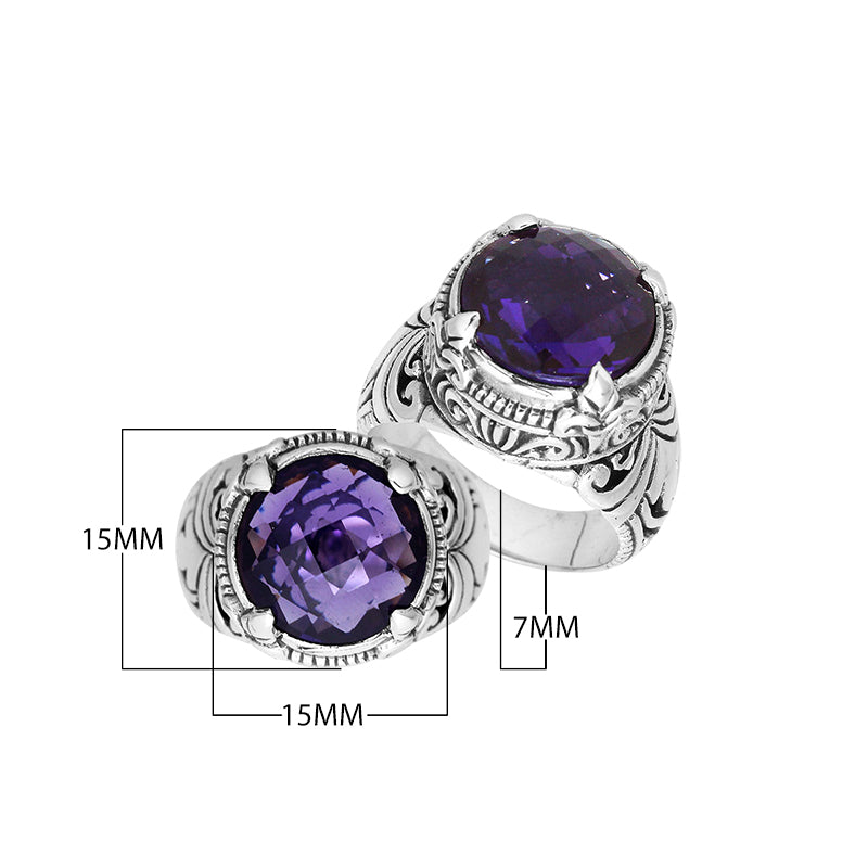 Sterling Silver Round Shape Amethyst Quartz Ring With Detailed Balinese Carving