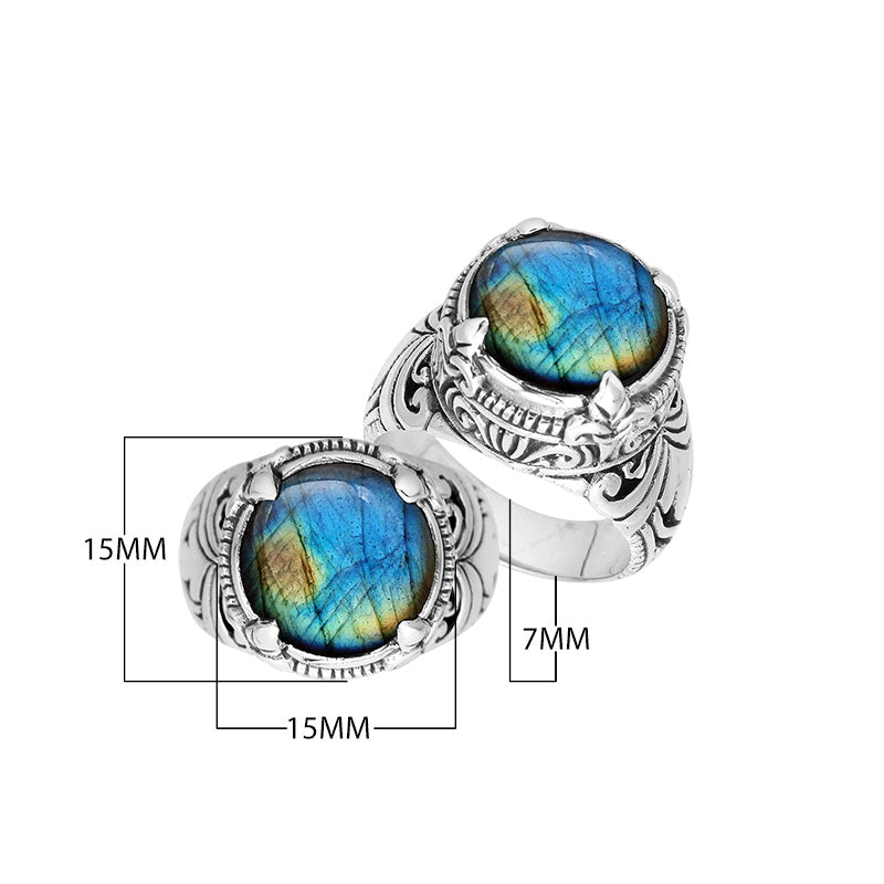 Sterling Silver Round Shape Labradorite Ring With Detailed Balinese Carving