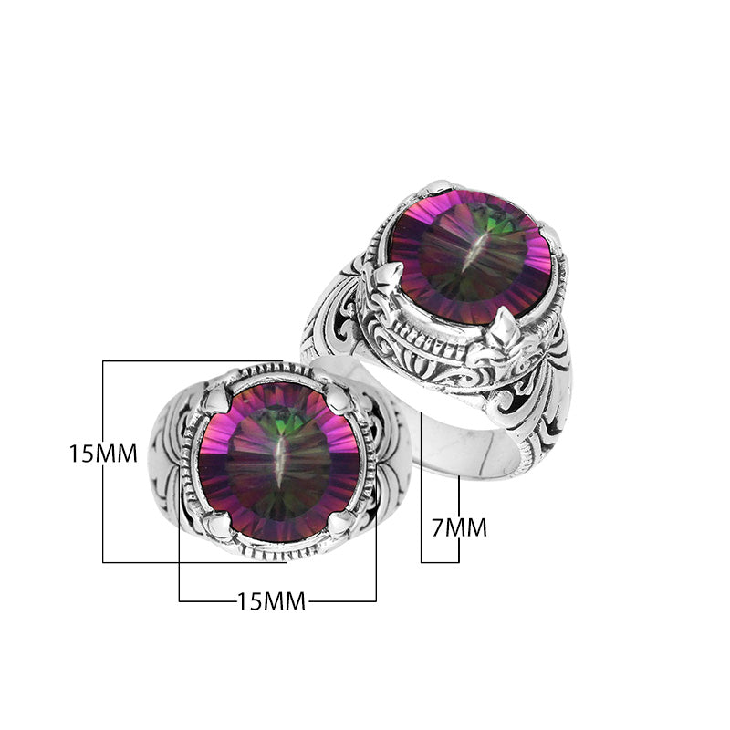Sterling Silver Round Shape Mystic Quartz Ring With Detailed Balinese Carving