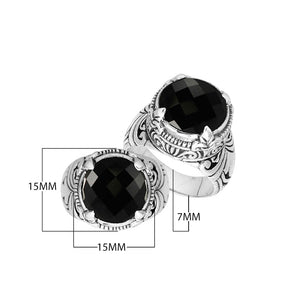 Sterling Silver Round Shape Black Onyx Ring With Detailed Balinese Carving