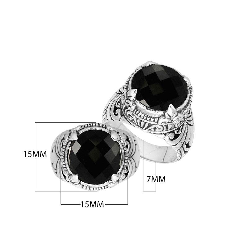 Sterling Silver Round Shape Black Onyx Ring With Detailed Balinese Carving