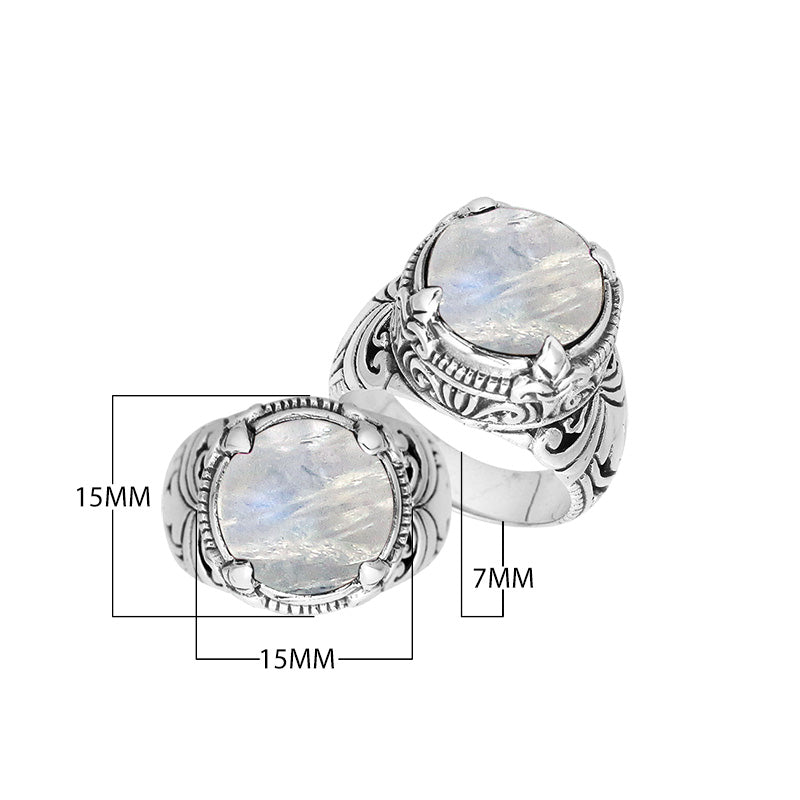 Sterling Silver Round Shape Rainbow Moonstone Ring With Detailed Balinese Carving