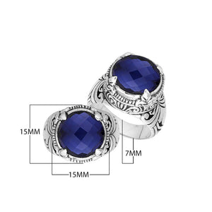 Sterling Silver Round Shape Blue Sapphire Quartz Ring With Detailed Balinese Carving