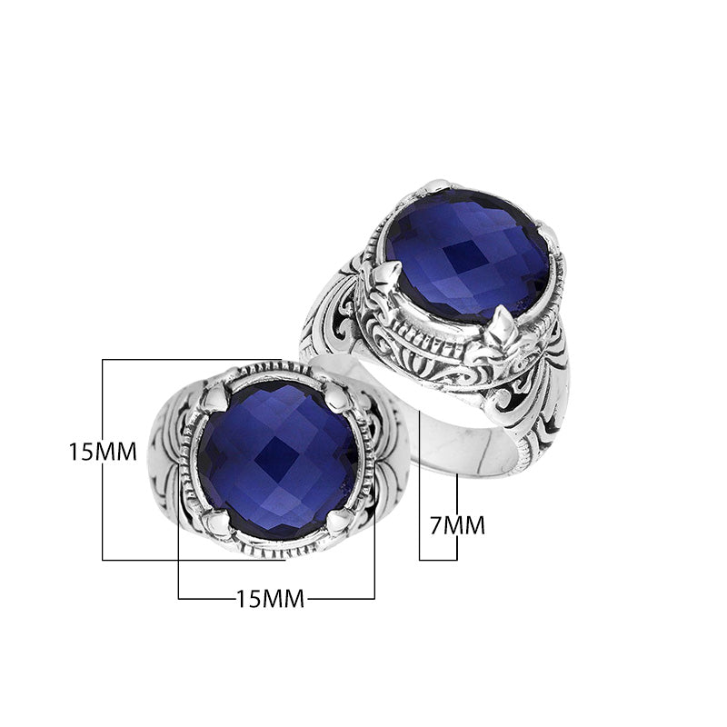 Sterling Silver Round Shape Blue Sapphire Quartz Ring With Detailed Balinese Carving