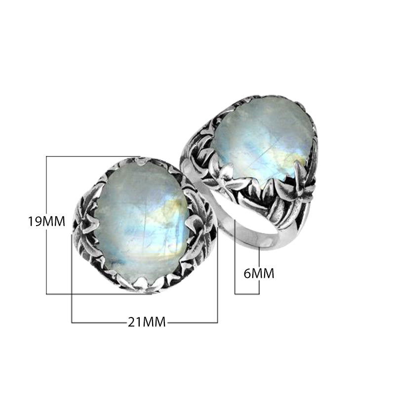 Sterling Silver Oval Shape Rainbow Moonstone Ring With Leaf Pattern Detailing