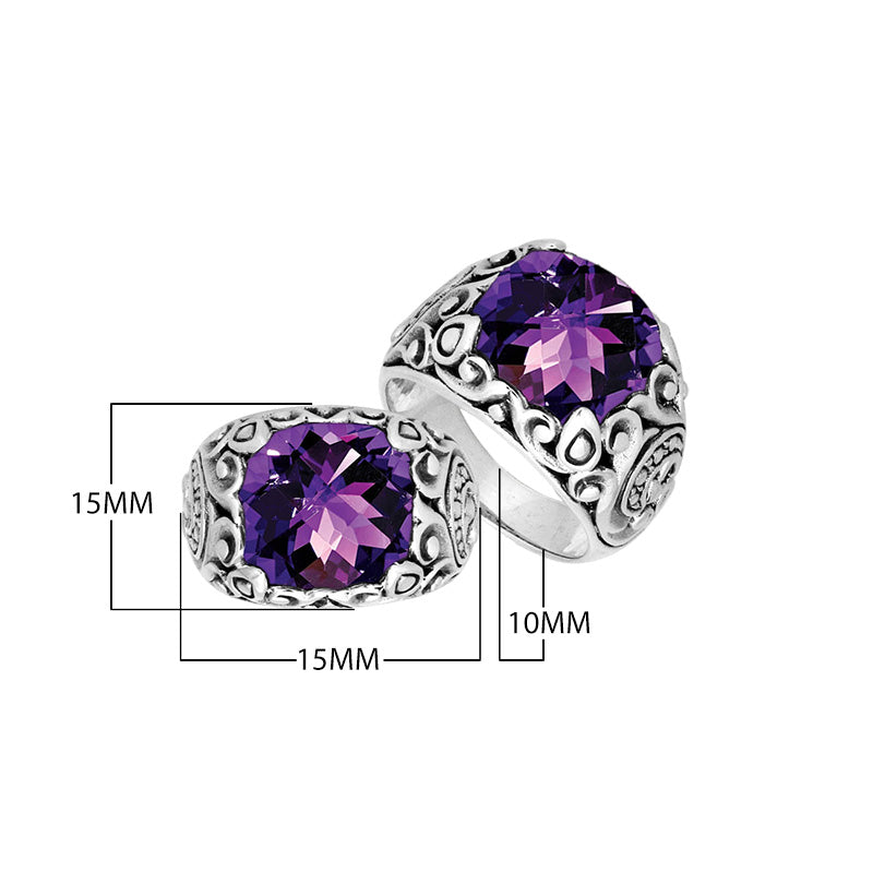 Sterling Silver Balinese Scroll Pattern Ring With Amethyst Quartz