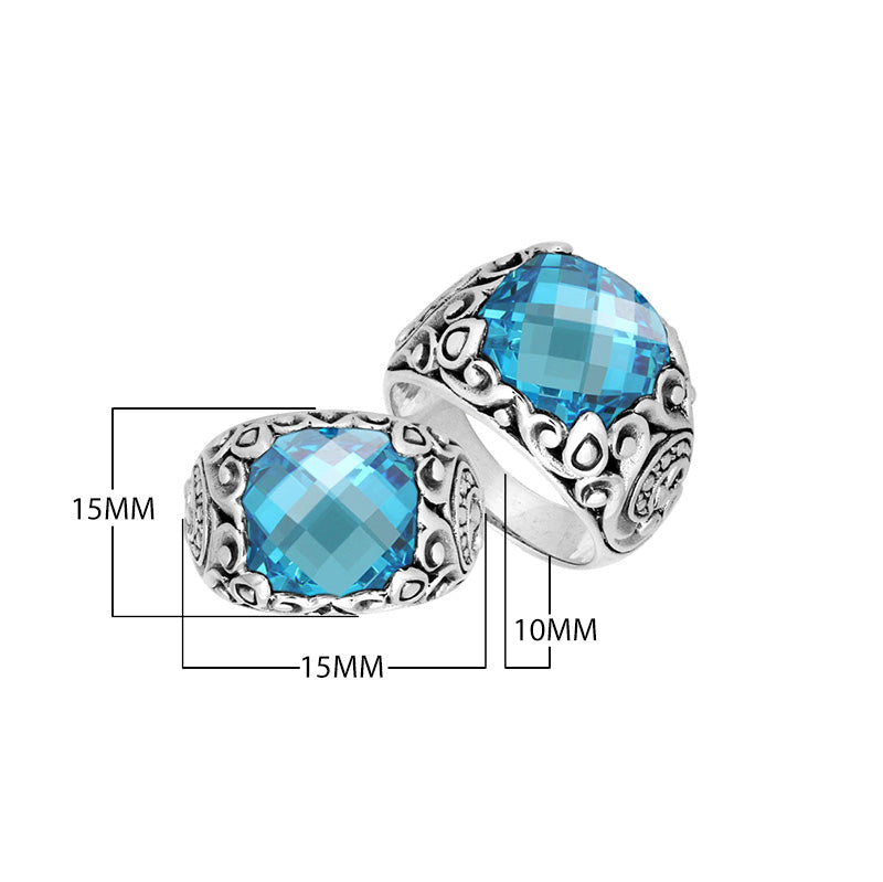 Sterling Silver Balinese Scroll Pattern Ring With Blue Topaz Quartz