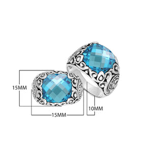 Sterling Silver Round Shape Blue Topaz Quartz Ring With Traditional Balinese Carving
