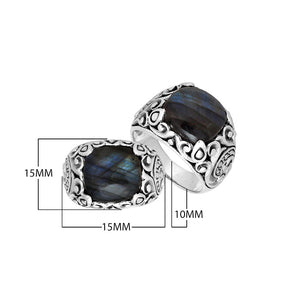 Sterling Silver Round Shape Labradorite Ring With Leaf Pattern Detailing