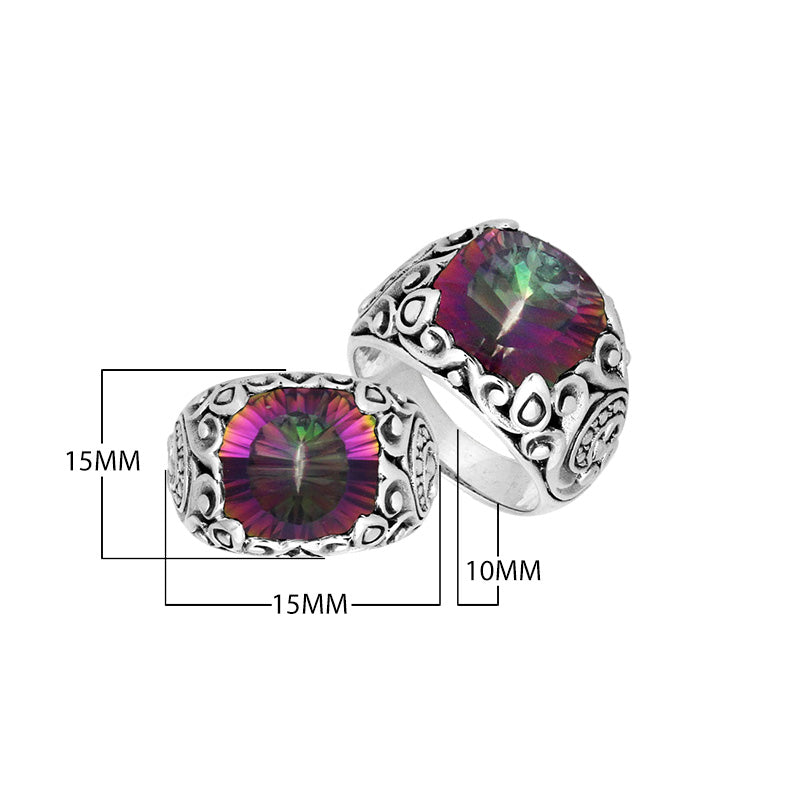 Sterling Silver Round Shape Mystic Quartz Ring With Leaf Pattern Detailing