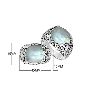 Sterling Silver Oval Shape Rainbow Moonstone Ring With Leaf Pattern Detailing