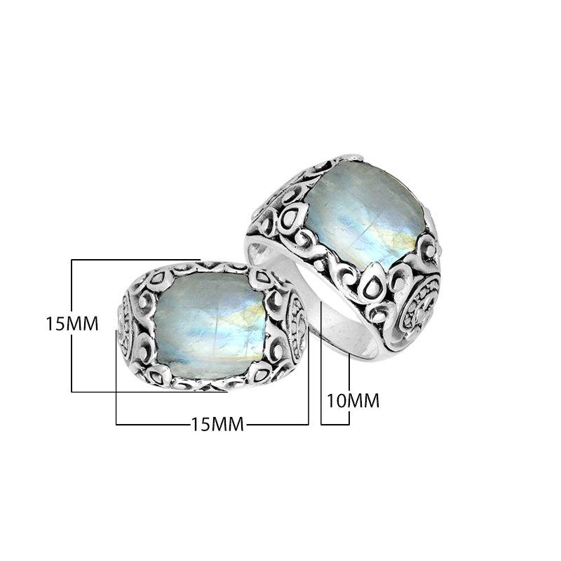 Sterling Silver Oval Shape Rainbow Moonstone Ring With Leaf Pattern Detailing