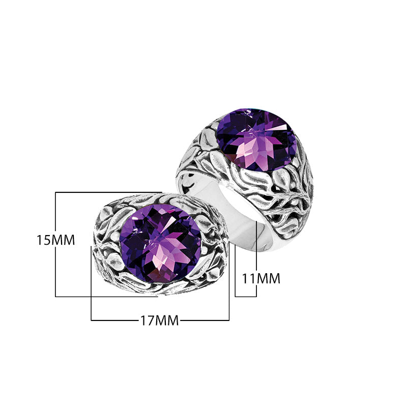 Sterling Silver Leaf Pattern Ring With Amethyst Quartz