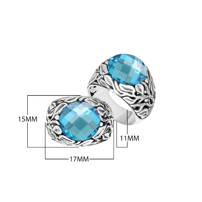 Sterling Silver Leaf Pattern Ring With Blue Topaz Quartz