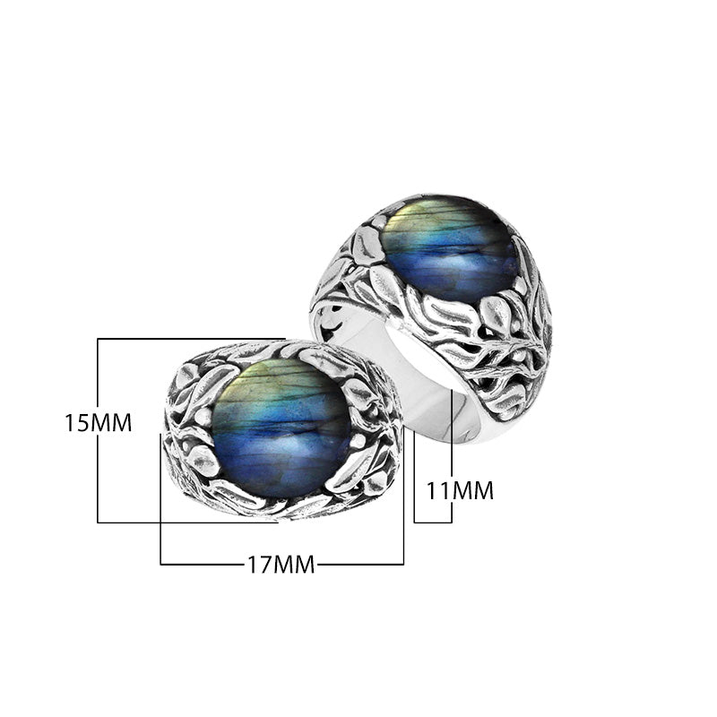 Sterling Silver Leaf Pattern Ring With Labradorite