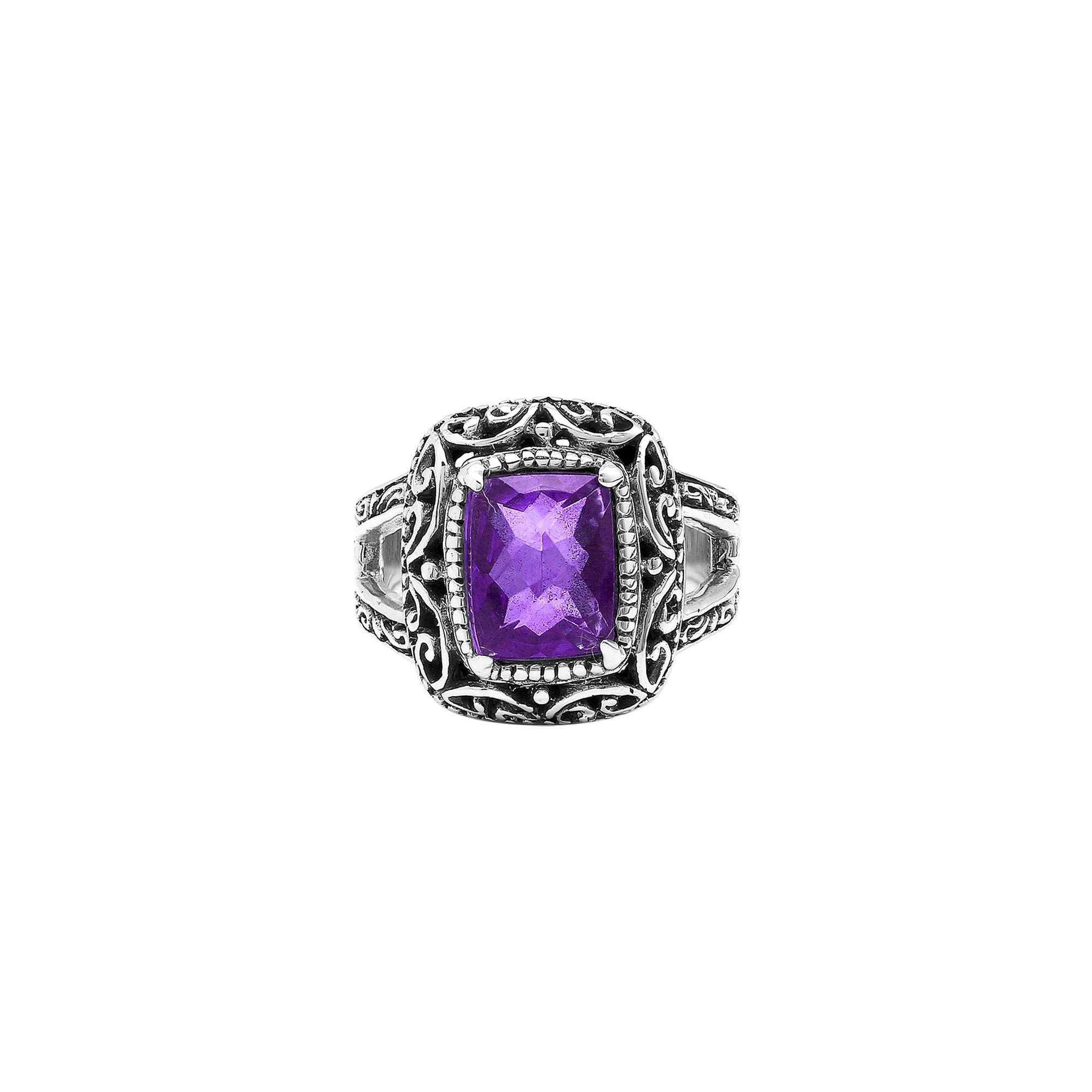 Sterling Silver Amethyst Quartz Cushion Balinese Ring Handcrafted In Indonesia
