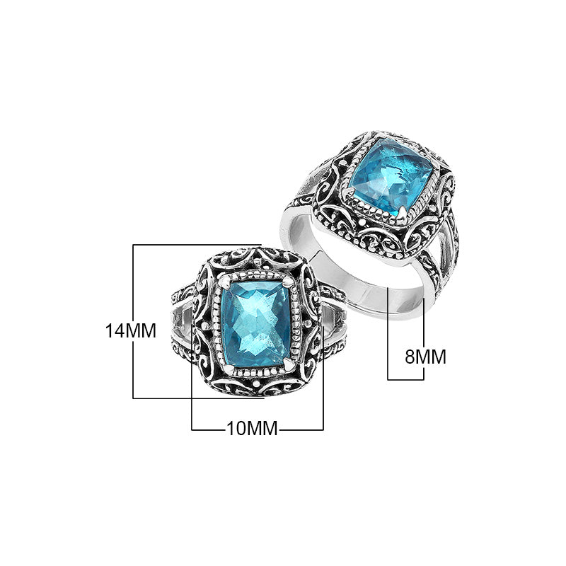 Sterling Silver Blue Topaz Quartz Cushion Balinese Ring Handcrafted In Indonesia