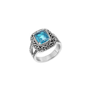 Sterling Silver Blue Topaz Quartz Cushion Balinese Ring Handcrafted In Indonesia