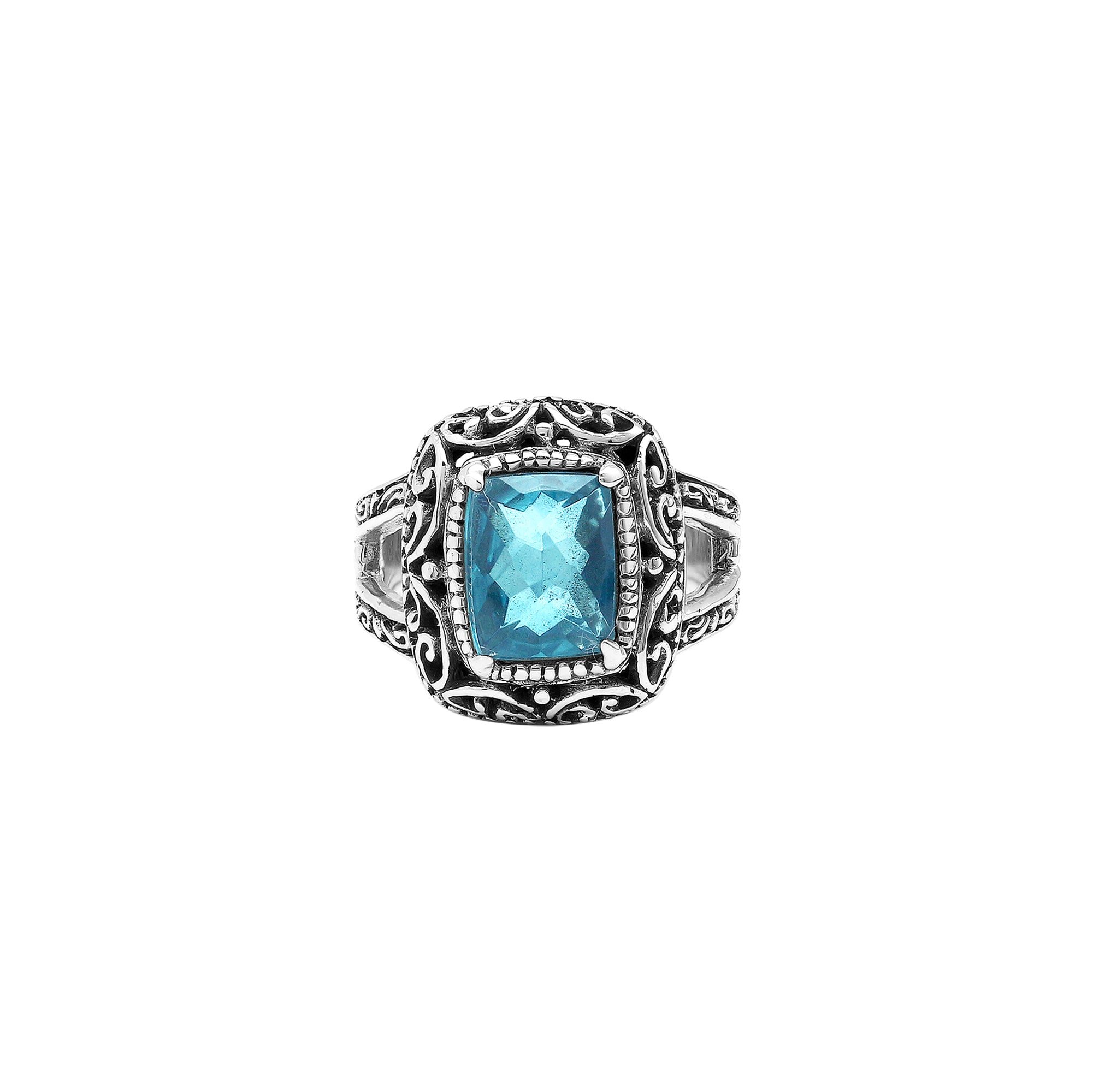 Sterling Silver Blue Topaz Quartz Cushion Balinese Ring Handcrafted In Indonesia