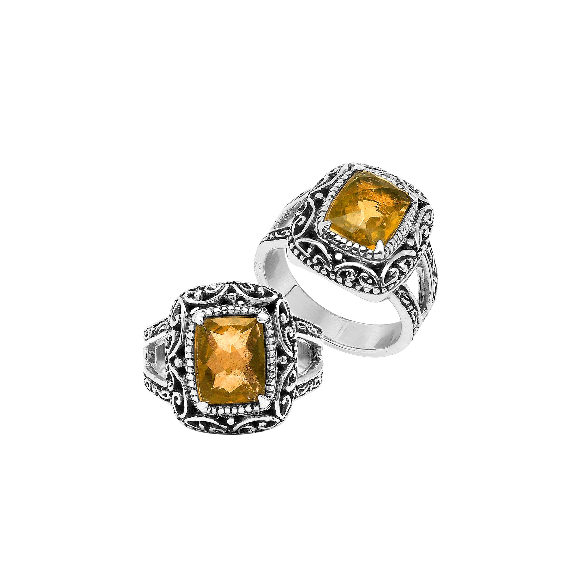Handmade Sterling Silver Citrine Quartz Ring With Ornate Balinese Carvings