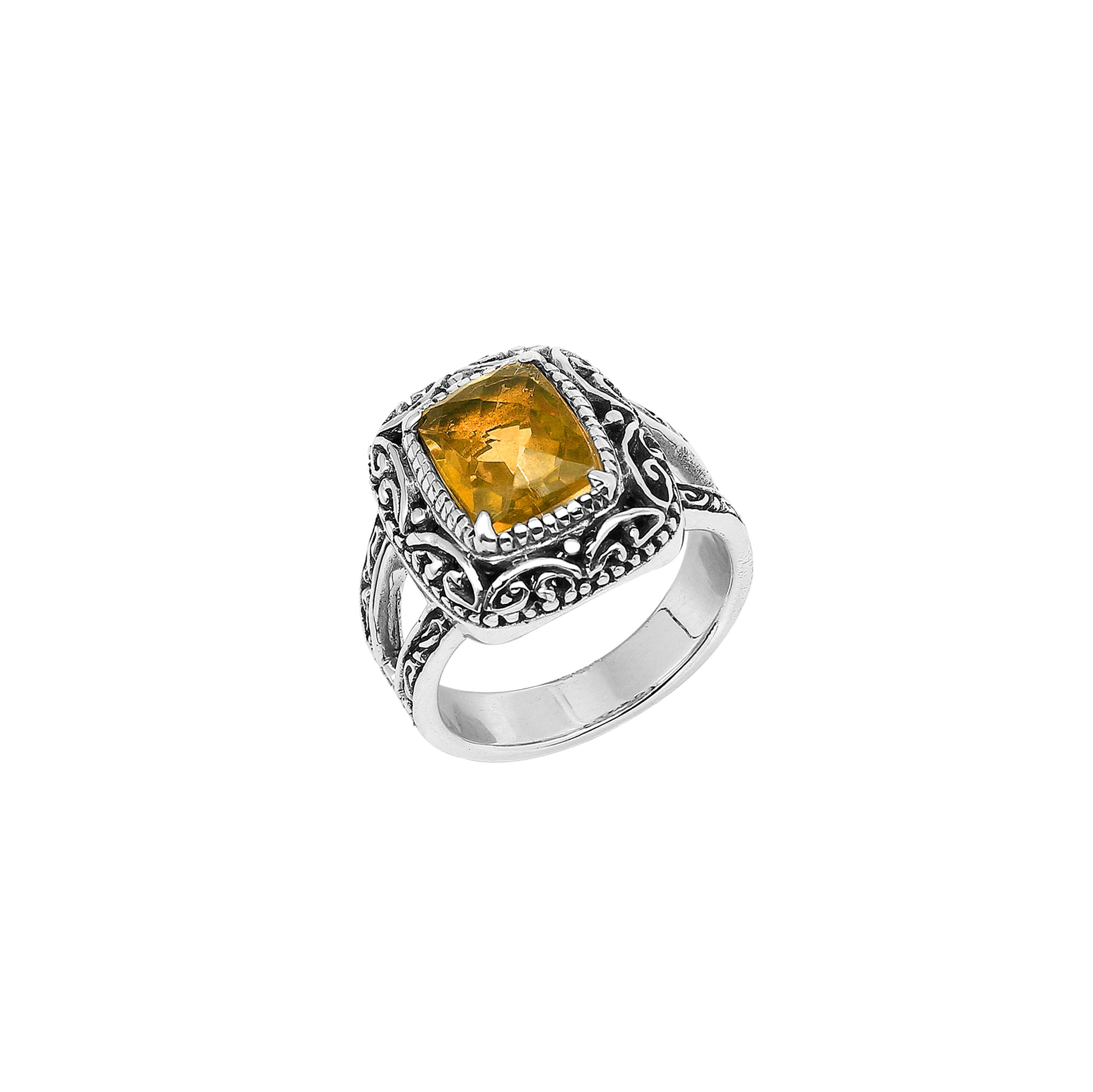 Handmade Sterling Silver Citrine Quartz Ring With Ornate Balinese Carvings