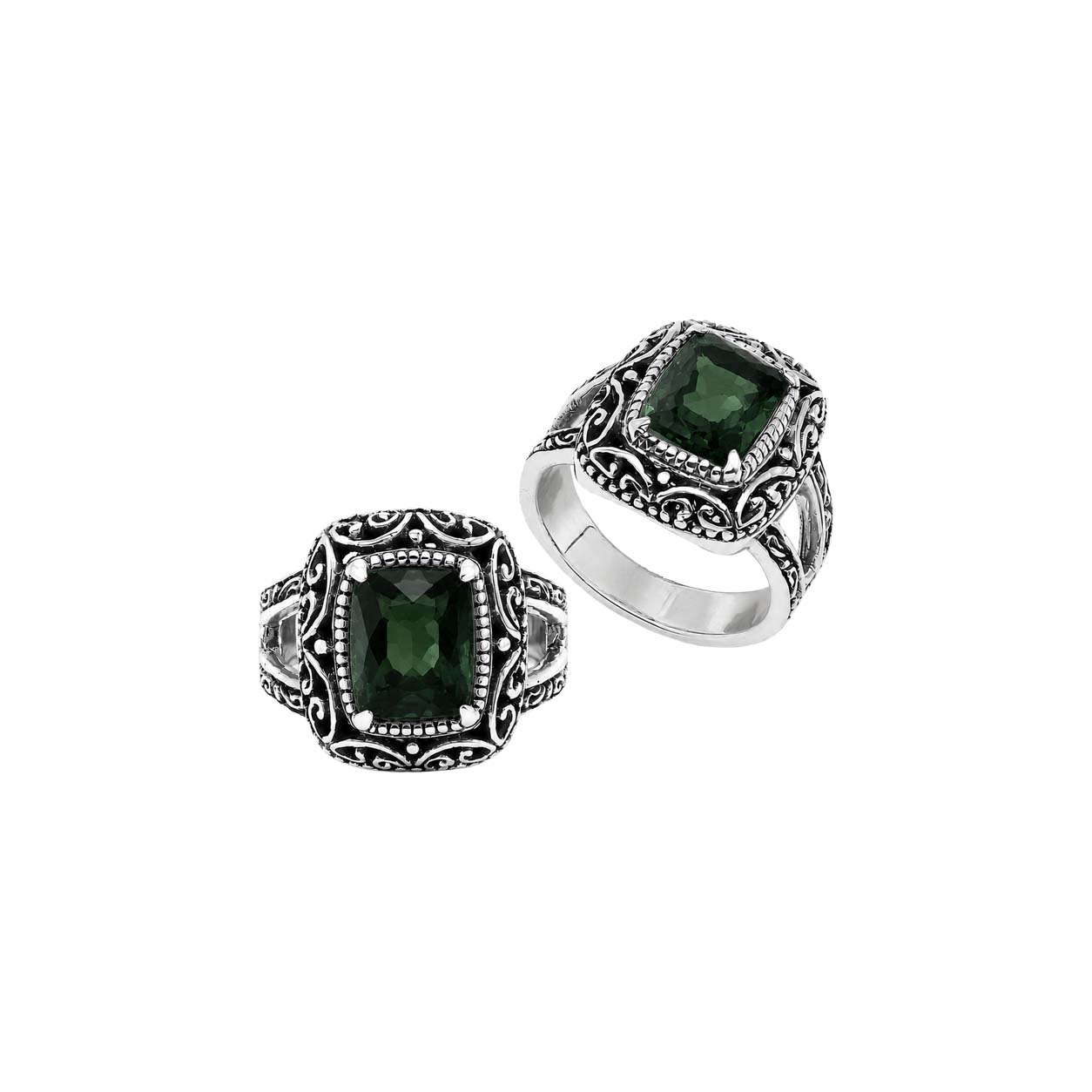 Sterling silver Green Quartz cushion cut statement ring with handcrafted Balinese detailing