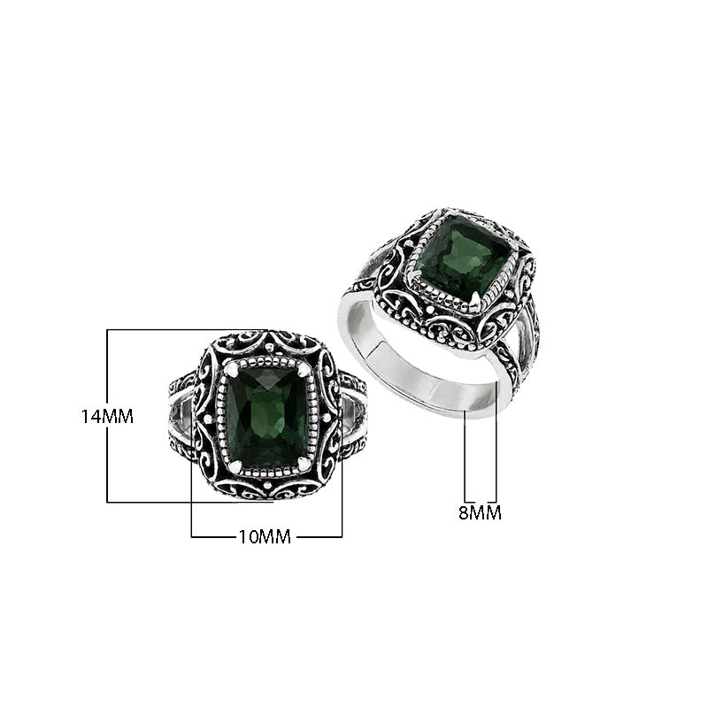 Sterling silver Green Quartz cushion cut statement ring with handcrafted Balinese detailing