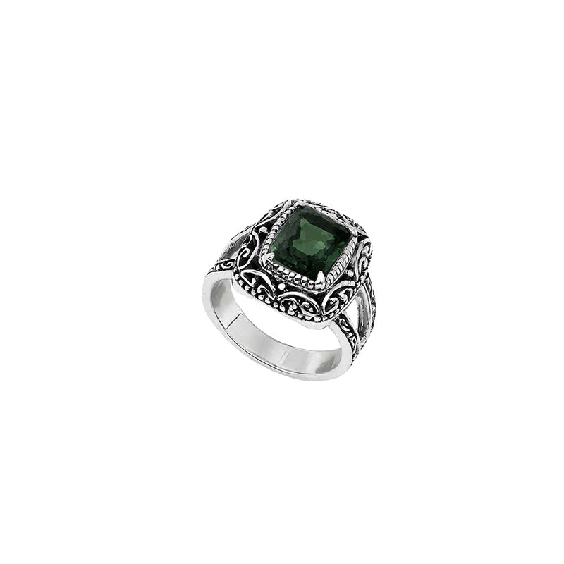 Sterling silver Green Quartz cushion cut statement ring with handcrafted Balinese detailing