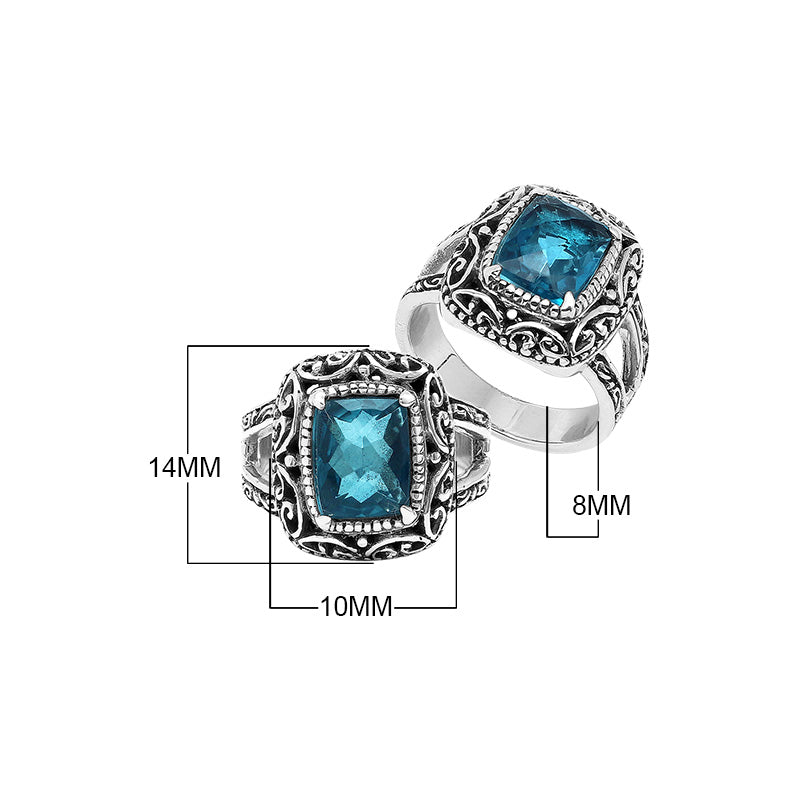 Sterling Silver Cushion London Blue Topaz Quartz Ring With Balinese Filigree Design