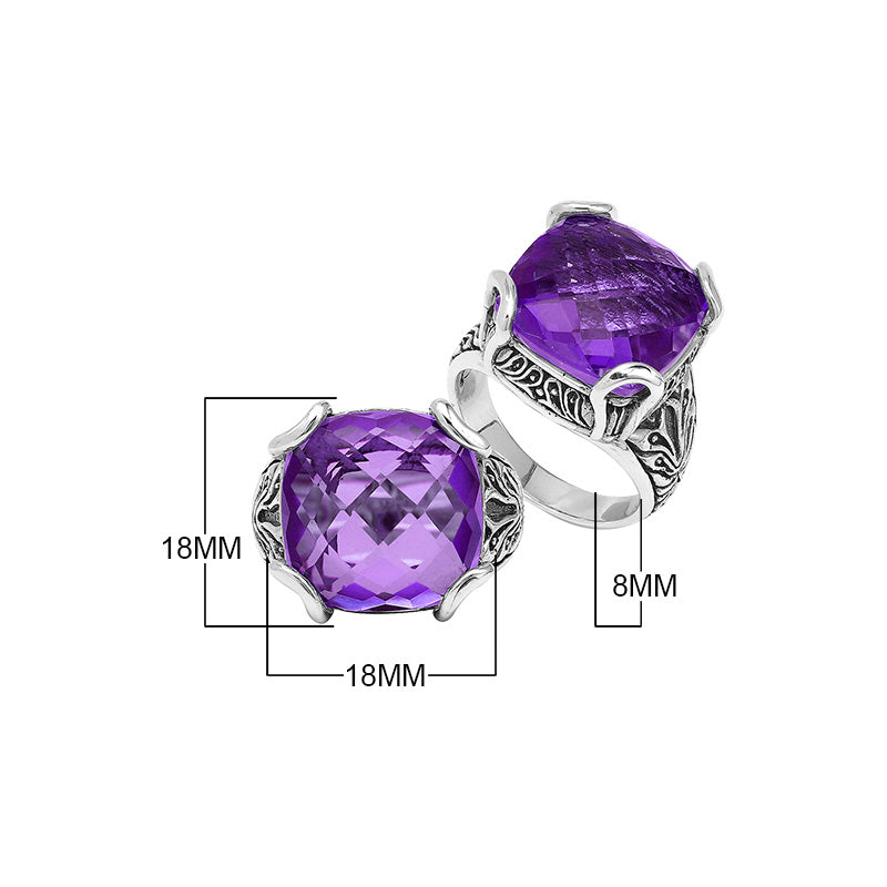 Sterling Silver Cushion Amethyst Quartz Ring With Engraved Balinese Floral Design