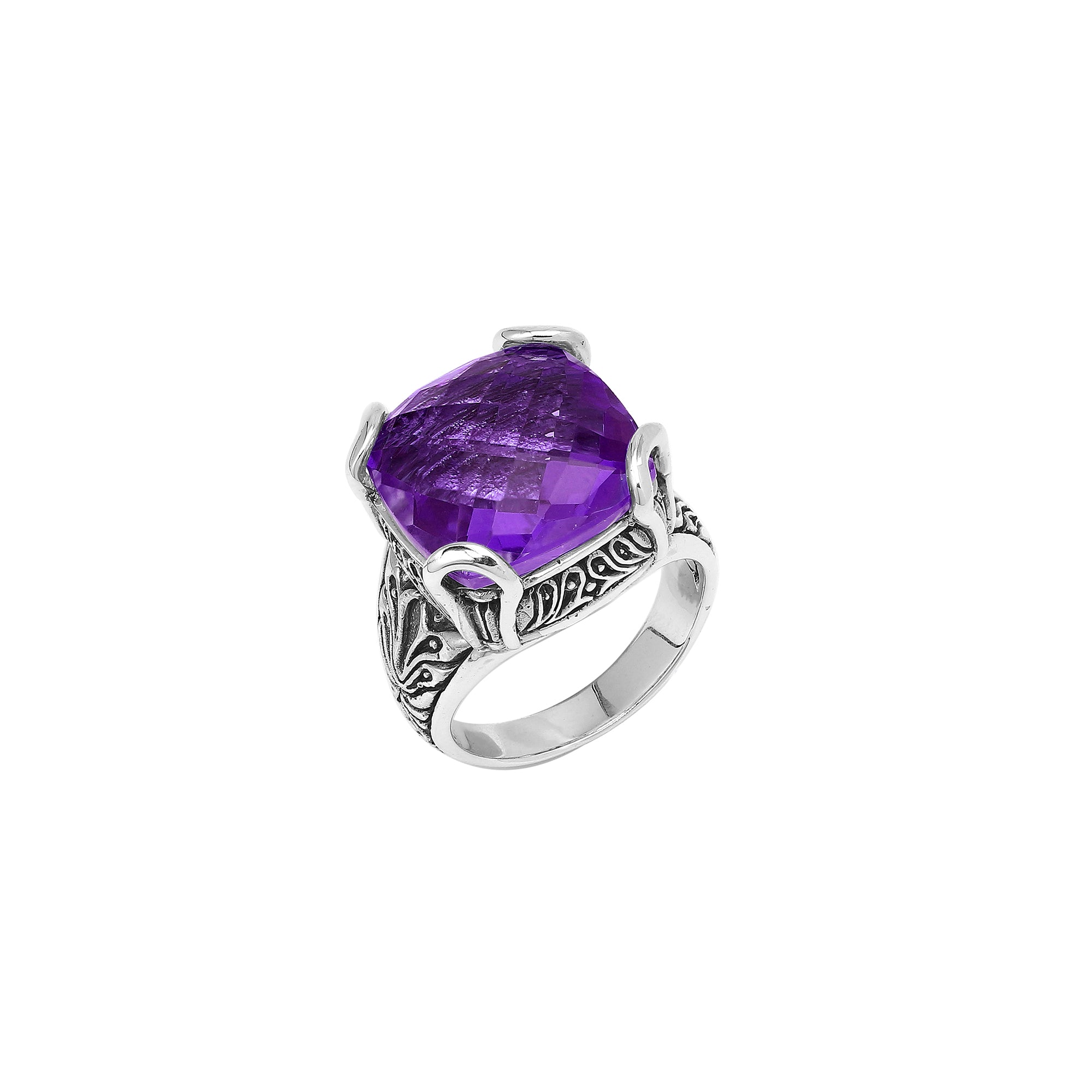 Sterling Silver Cushion Amethyst Quartz Ring With Engraved Balinese Floral Design