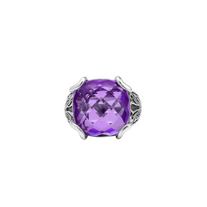 Sterling Silver Cushion Amethyst Quartz Ring With Engraved Balinese Floral Design