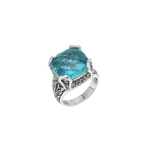 Sterling Silver Cushion Blue Topaz Quartz Ring With Balinese Scroll Detailing