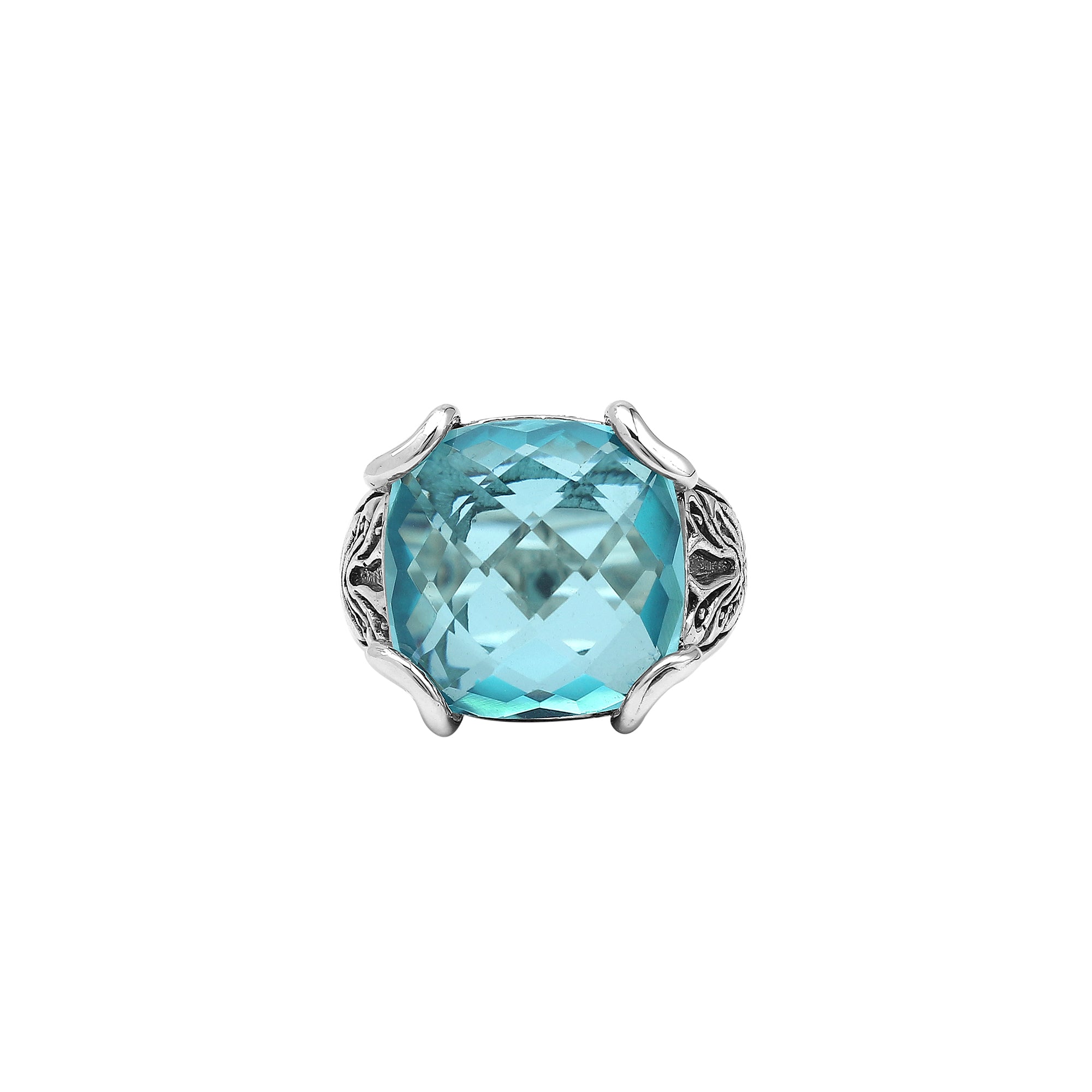 Sterling Silver Cushion Blue Topaz Quartz Ring With Balinese Scroll Detailing