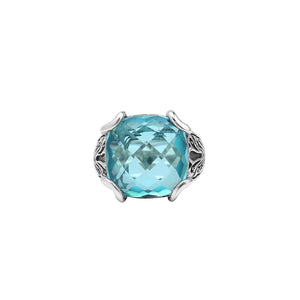 Sterling Silver Cushion Blue Topaz Quartz Ring With Balinese Scroll Detailing