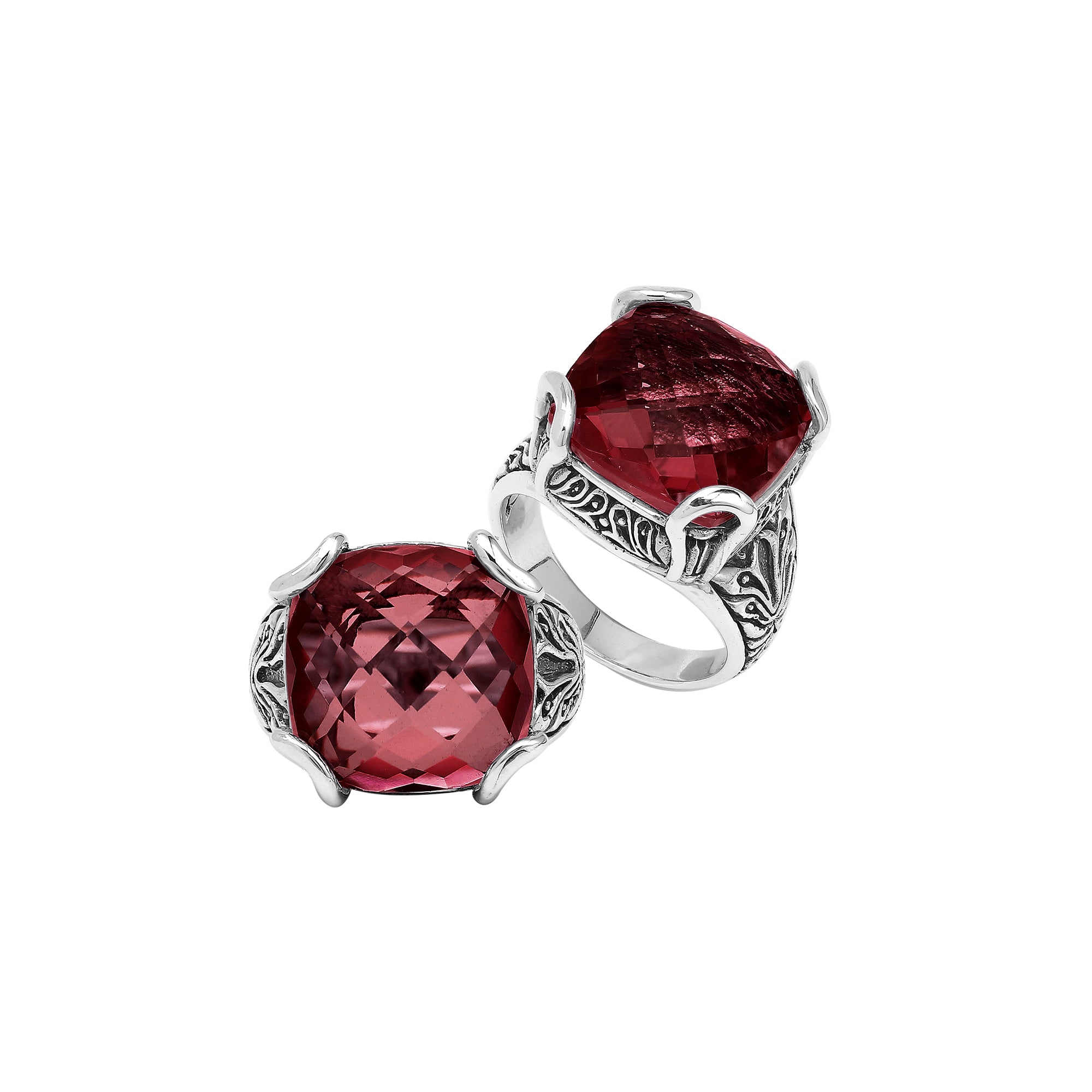 Sterling Silver Cushion Red Garnet Quartz Ring With Balinese Scroll Engraving