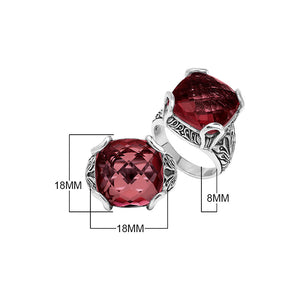 Sterling Silver Cushion Red Garnet Quartz Ring With Balinese Scroll Engraving