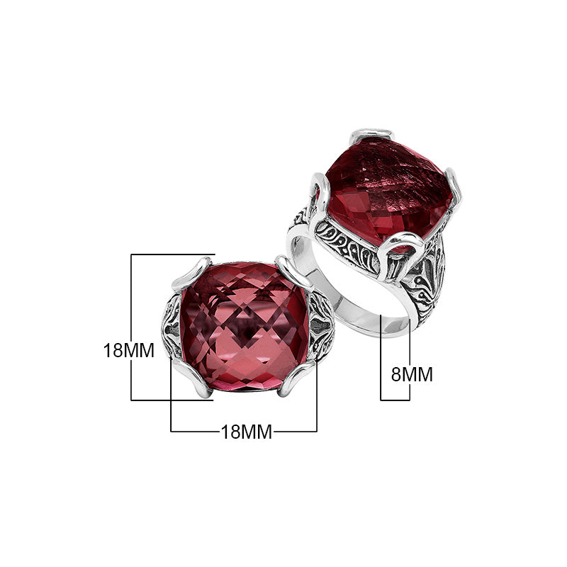Sterling Silver Cushion Red Garnet Quartz Ring With Balinese Scroll Engraving