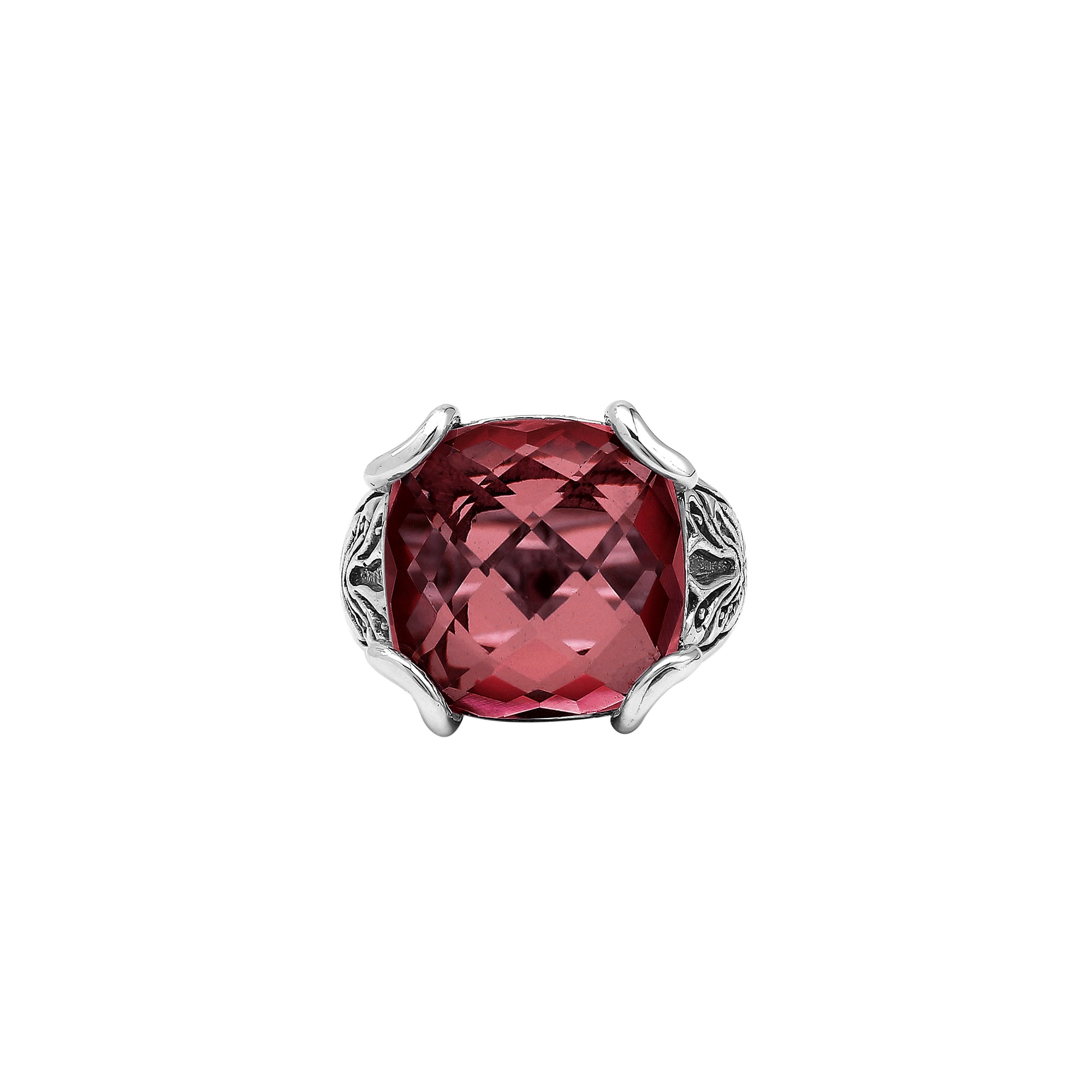 Sterling Silver Cushion Red Garnet Quartz Ring With Balinese Scroll Engraving