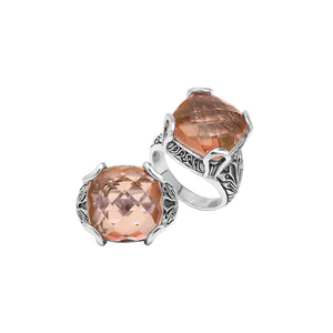 Sterling Silver Cushion Morganite Quartz Ring With Balinese Scroll Engraving
