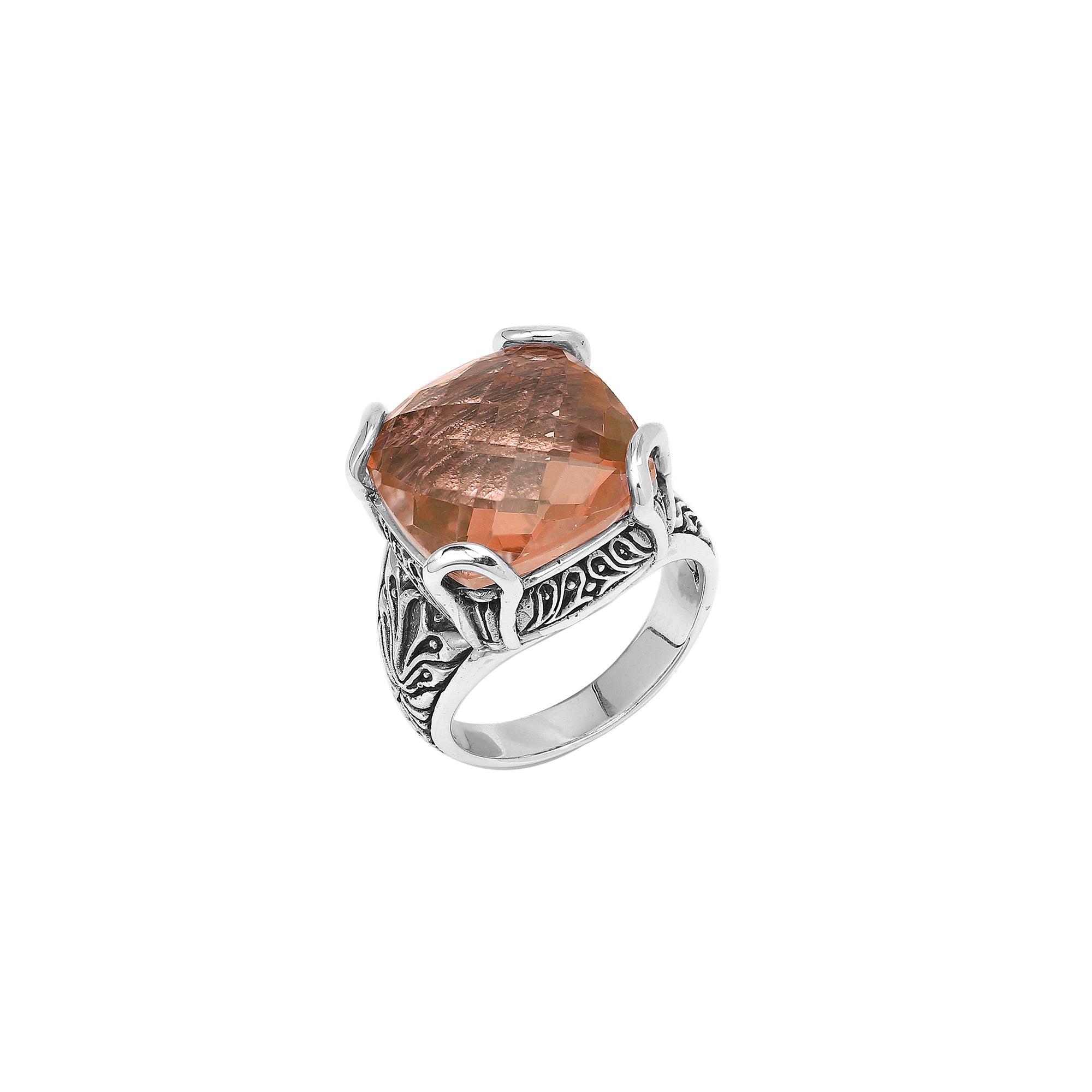 Sterling Silver Cushion Morganite Quartz Ring With Balinese Scroll Engraving