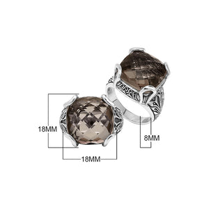 Sterling Silver Cushion Smoky Quartz Ring With Balinese Scroll Engraving