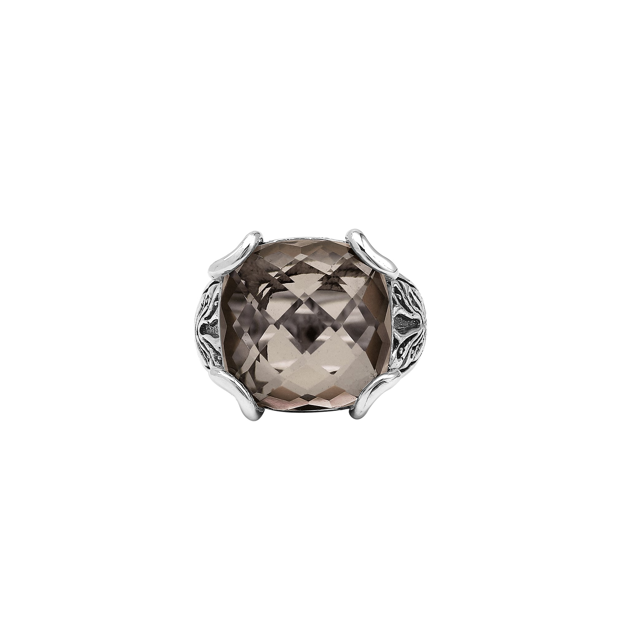 Sterling Silver Cushion Smoky Quartz Ring With Balinese Scroll Engraving